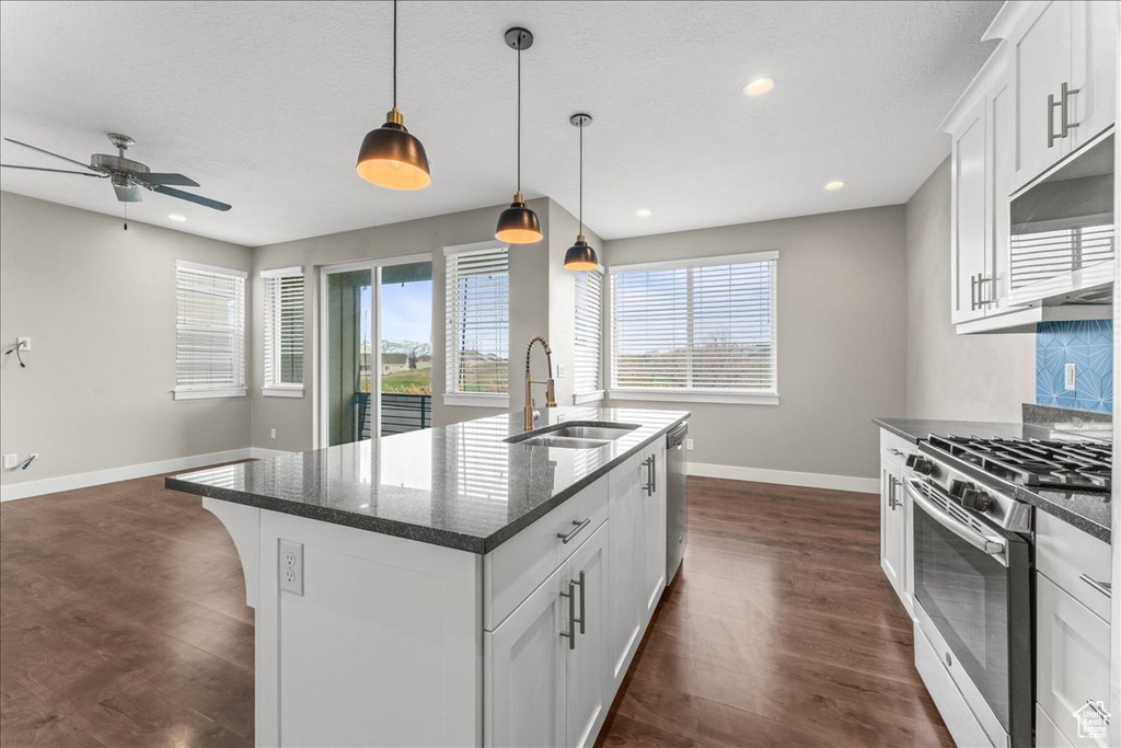Kitchen featuring stainless steel appliances, ceiling fan, a center island with sink, white cabinetry, and dark hardwood / wood-style floors