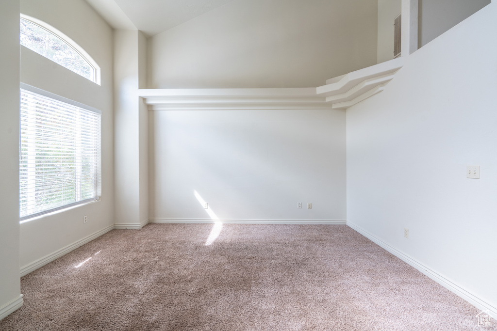 Unfurnished room with light carpet and a towering ceiling