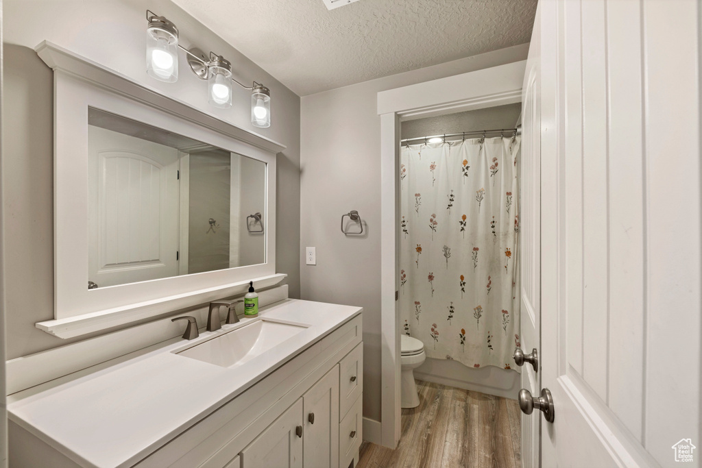 Bathroom featuring toilet, large vanity, hardwood / wood-style floors, and a textured ceiling