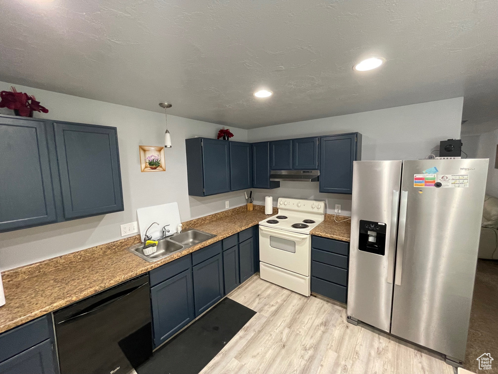 Kitchen featuring light hardwood / wood-style floors, white range with electric cooktop, black dishwasher, stainless steel refrigerator with ice dispenser, and sink