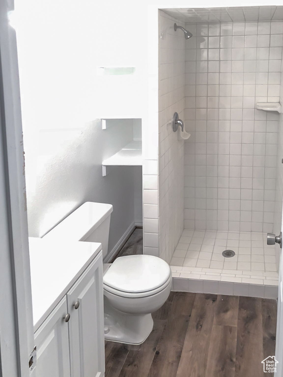 Bathroom with a tile shower, hardwood / wood-style floors, toilet, and vanity