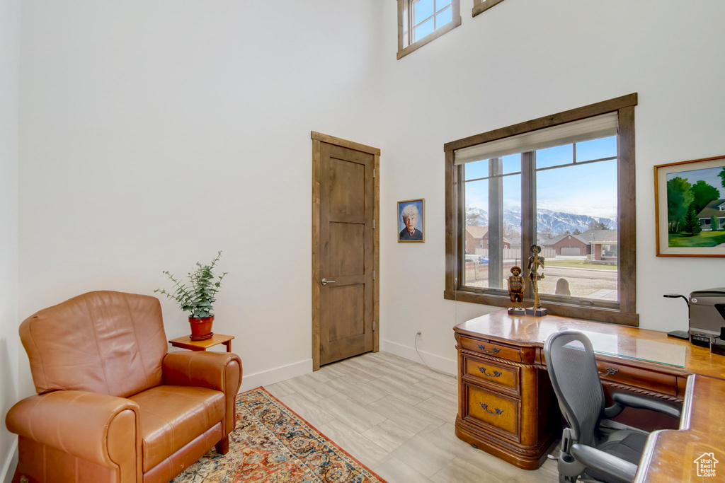 Office space with a mountain view, light hardwood / wood-style floors, and a towering ceiling