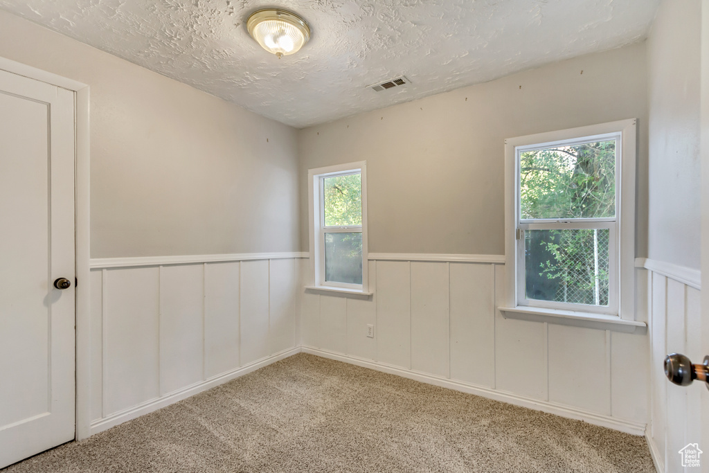 Carpeted empty room featuring a textured ceiling and a wealth of natural light