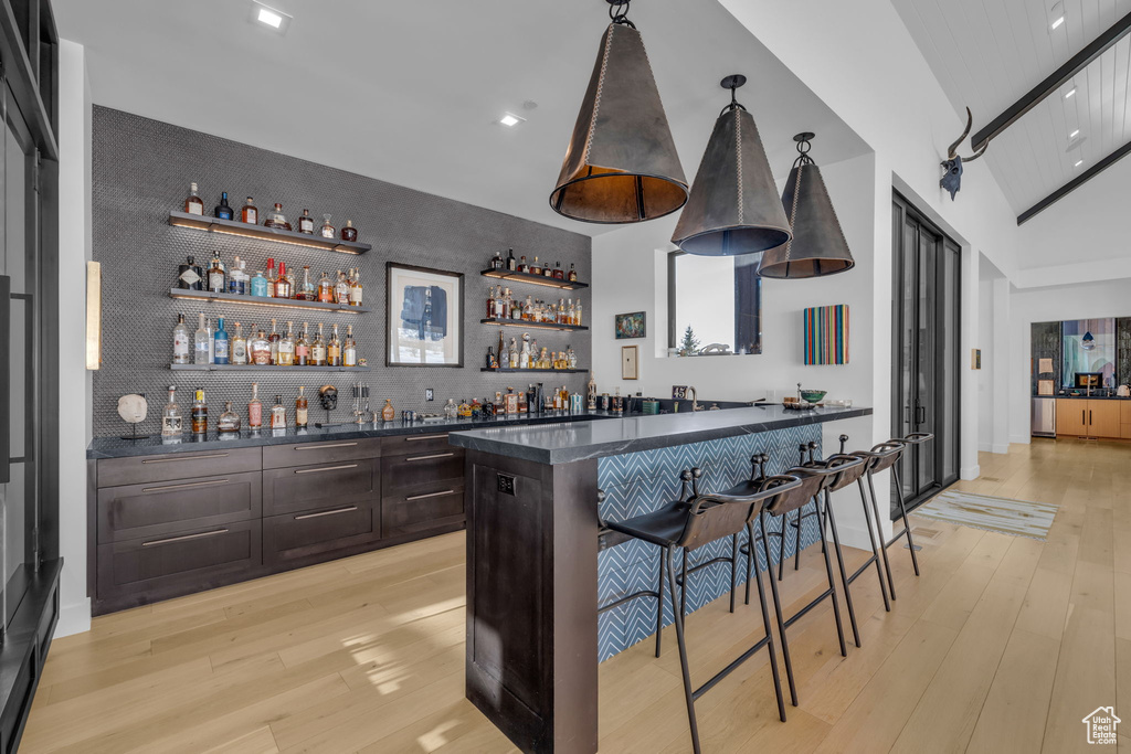 Bar featuring lofted ceiling, dark brown cabinets, and light wood-type flooring
