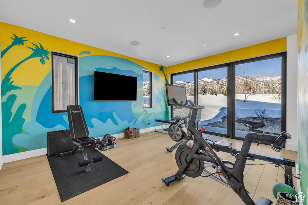 Workout room with light hardwood / wood-style flooring