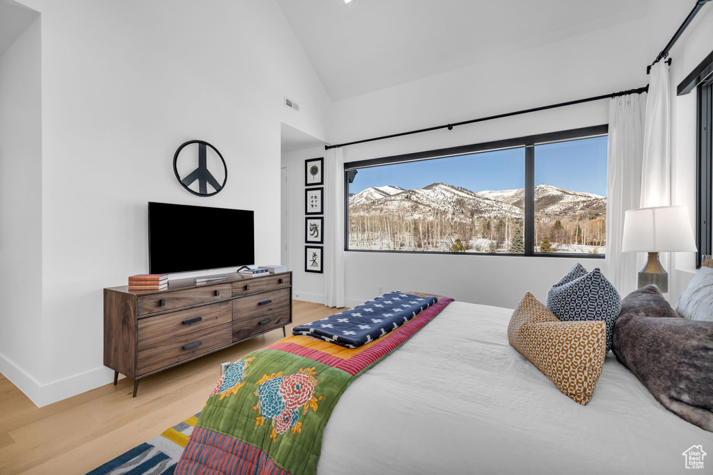 Bedroom with a mountain view, light hardwood / wood-style floors, and high vaulted ceiling