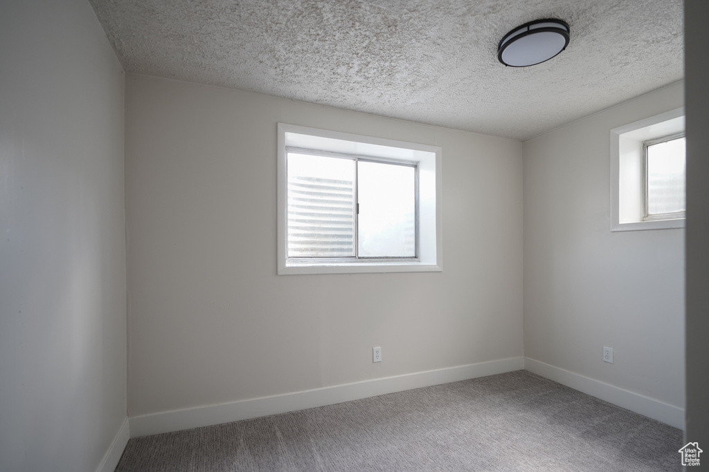 Empty room with light carpet, a textured ceiling, and a healthy amount of sunlight