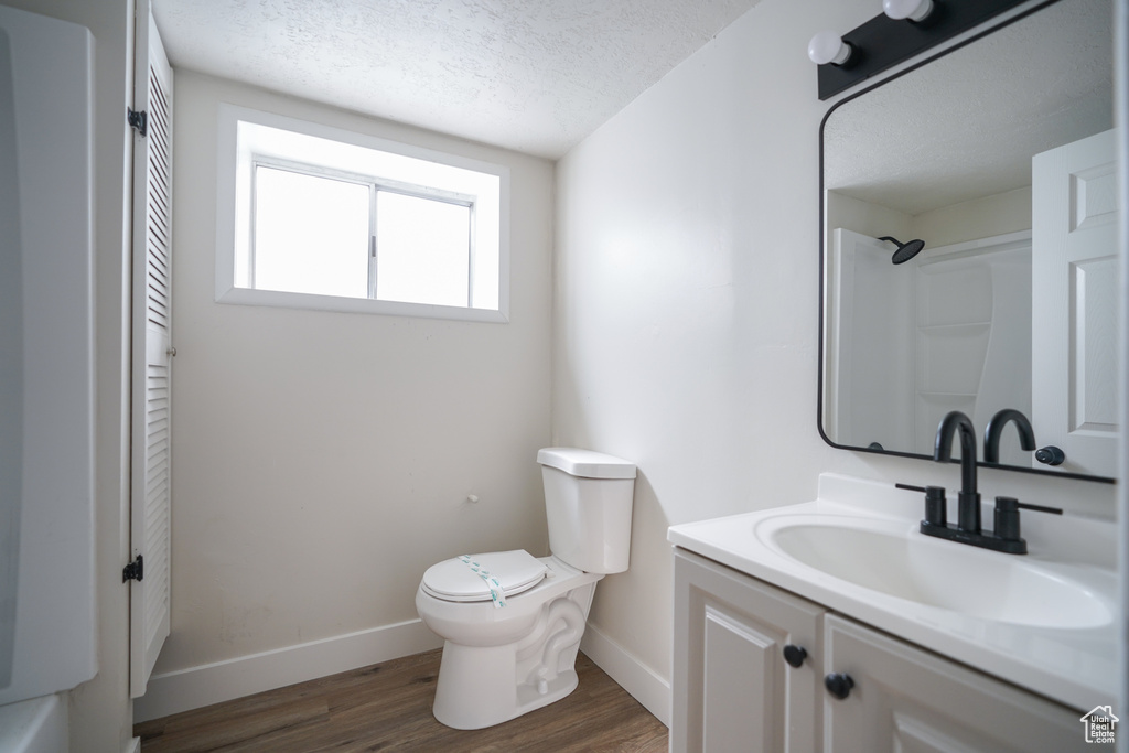 Bathroom featuring vanity, hardwood / wood-style floors, a textured ceiling, and toilet