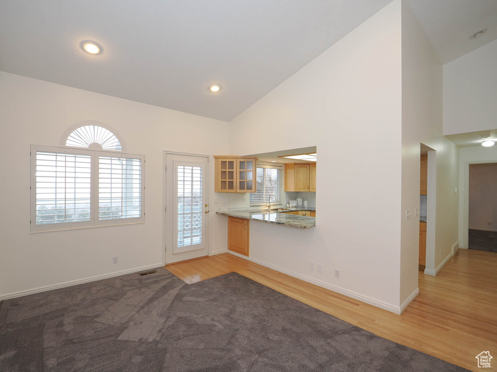 Unfurnished room with light hardwood / wood-style flooring, high vaulted ceiling, and sink