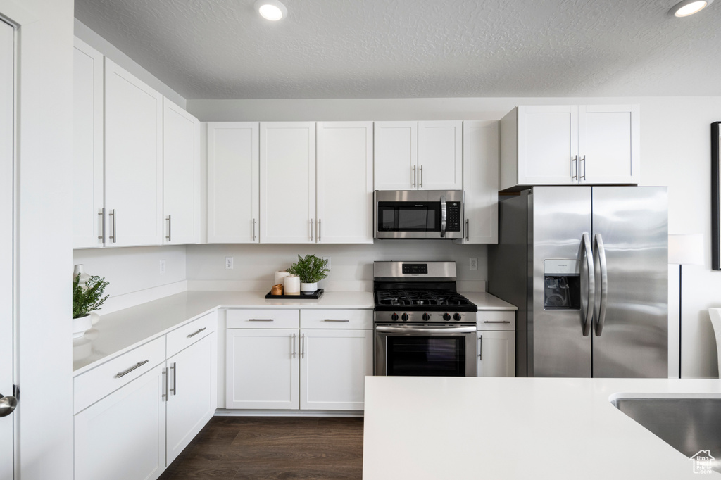 Kitchen featuring white cabinetry, a textured ceiling, dark hardwood / wood-style floors, and stainless steel appliances
