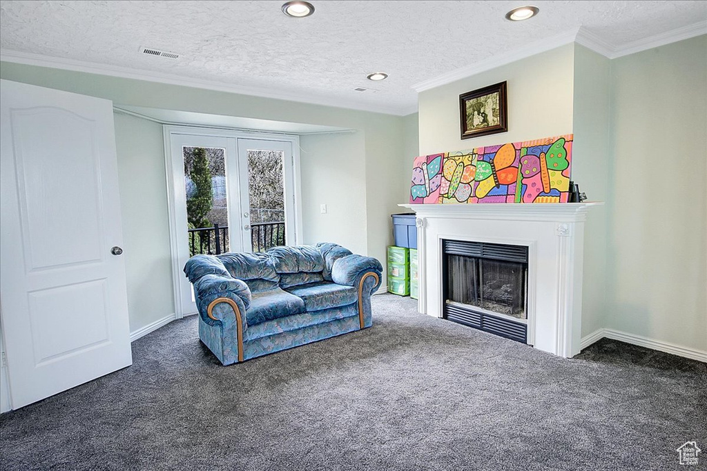 Carpeted living room featuring crown molding, french doors, and a textured ceiling
