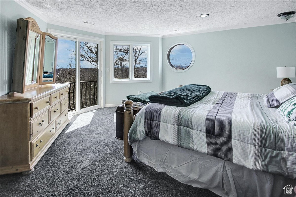 Carpeted bedroom featuring a textured ceiling, access to exterior, and ornamental molding