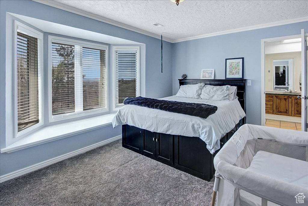 Bedroom with connected bathroom, a textured ceiling, carpet flooring, and ornamental molding