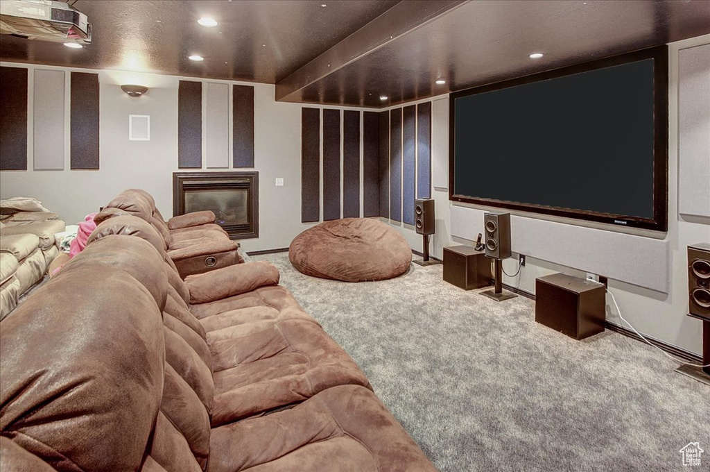 Home theater room with carpet