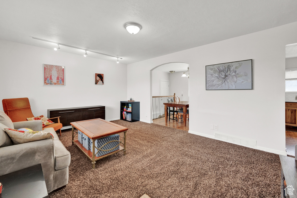 Living room featuring rail lighting and dark wood-type flooring