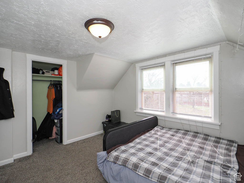 Carpeted bedroom featuring multiple windows, vaulted ceiling, a textured ceiling, and a closet