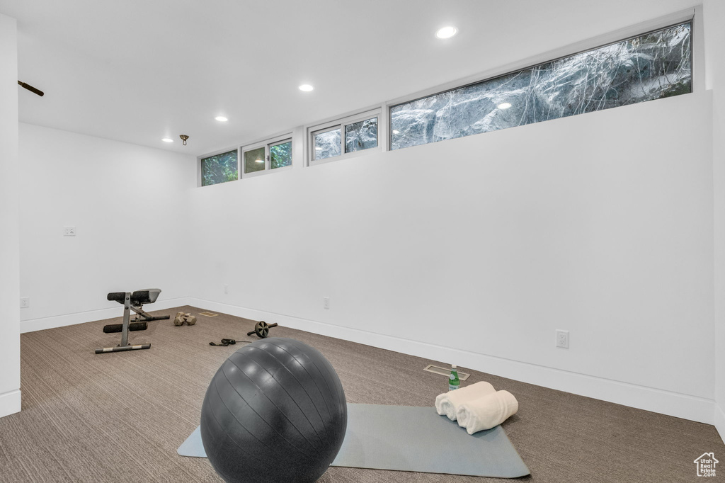 Workout area featuring carpet flooring