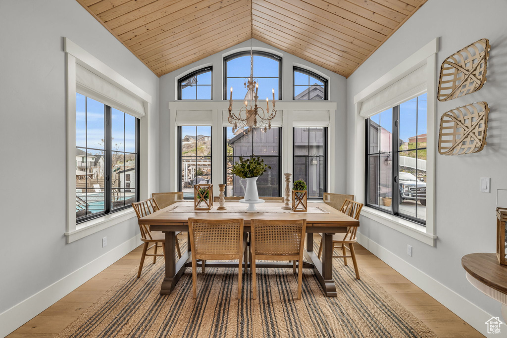 Dining area with plenty of natural light, light hardwood / wood-style floors, and a notable chandelier