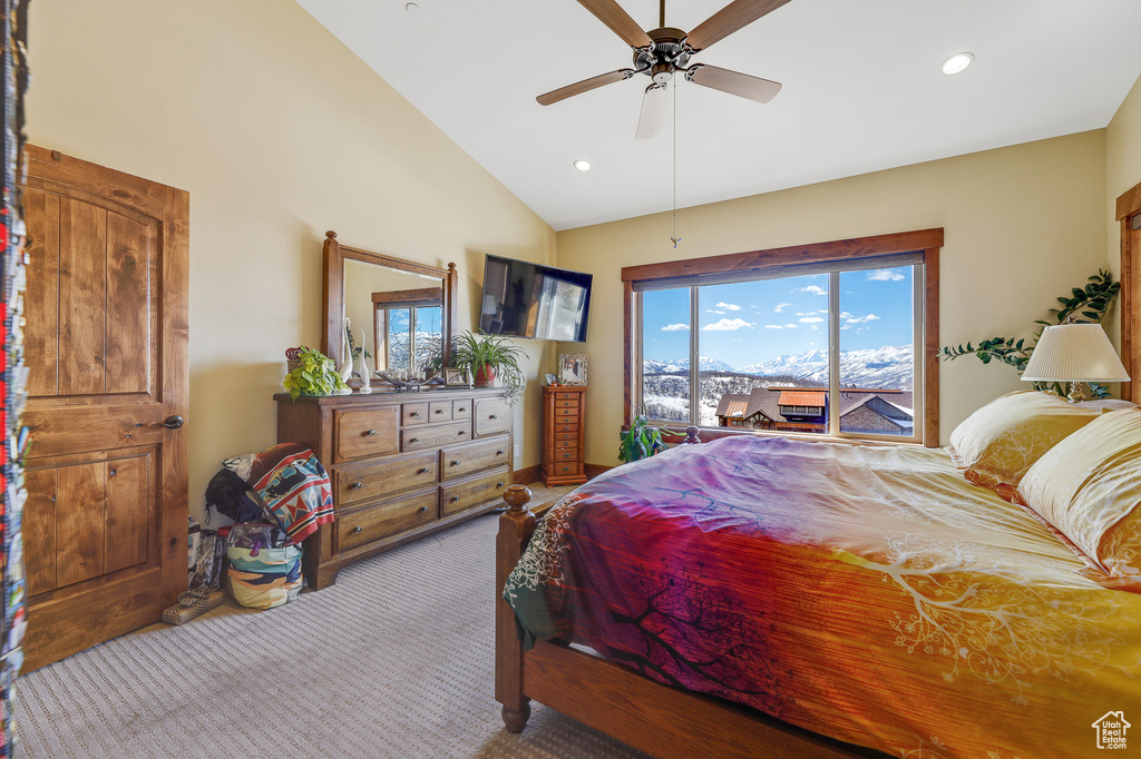 Bedroom featuring high vaulted ceiling, ceiling fan, access to outside, and carpet