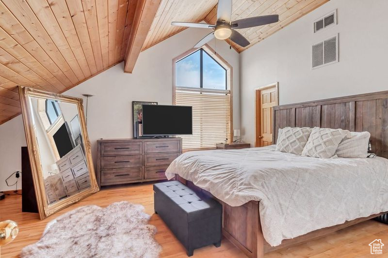 Bedroom featuring beam ceiling, light hardwood / wood-style floors, ceiling fan, and wooden ceiling