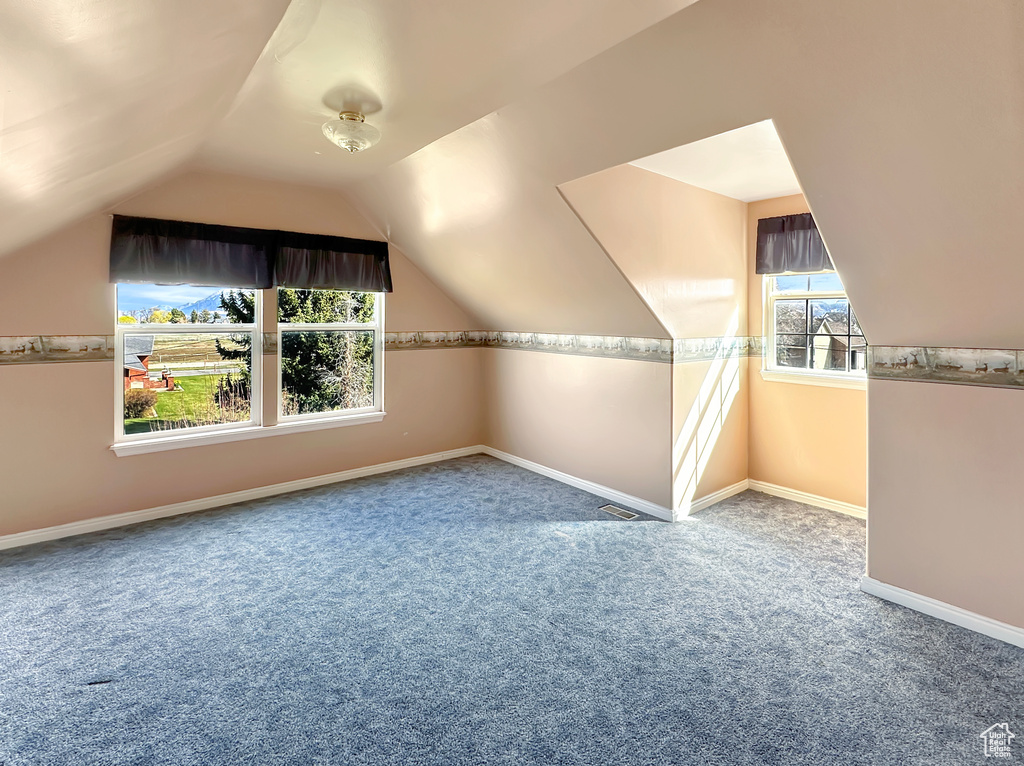 Additional living space featuring carpet flooring, a healthy amount of sunlight, and vaulted ceiling
