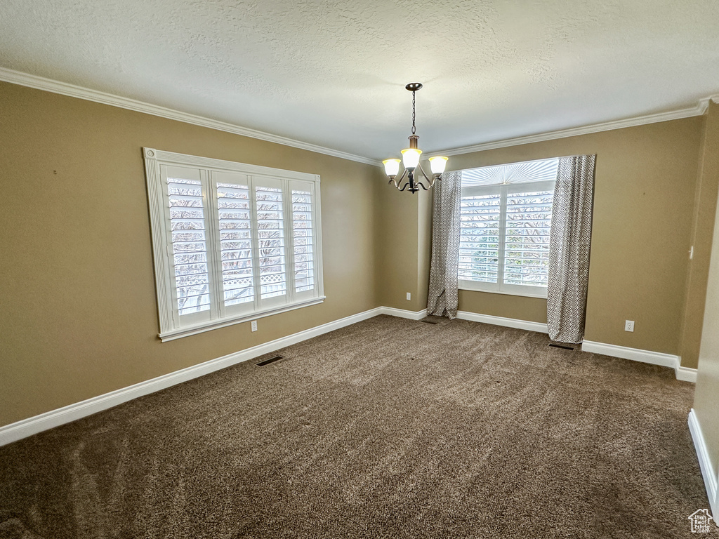 Carpeted empty room with plenty of natural light, a textured ceiling, a chandelier, and ornamental molding