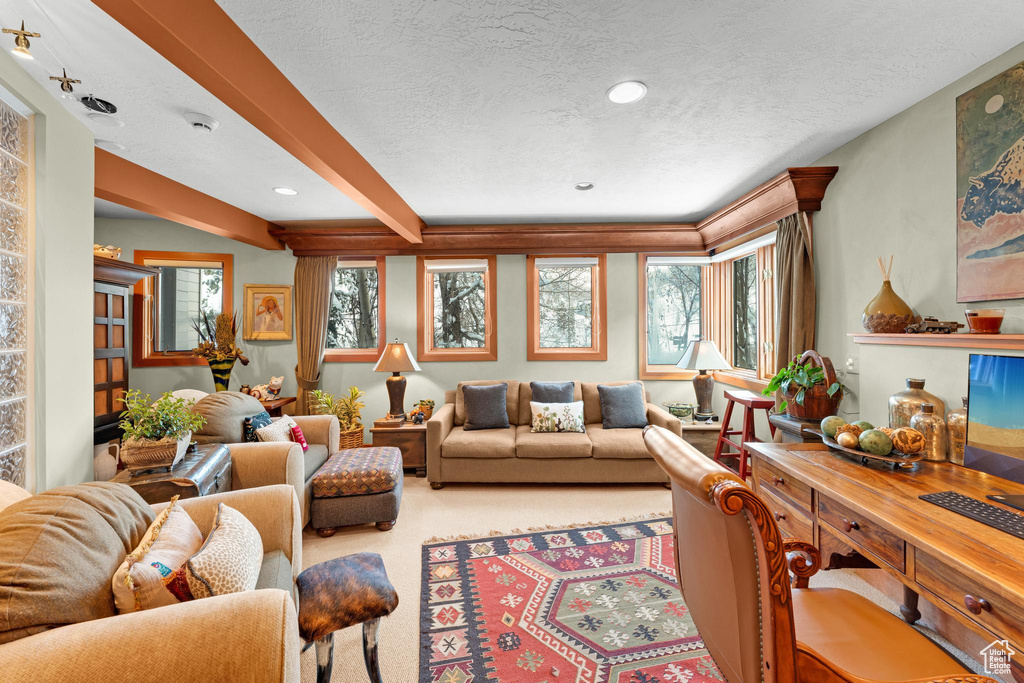Carpeted living room featuring beam ceiling and a textured ceiling