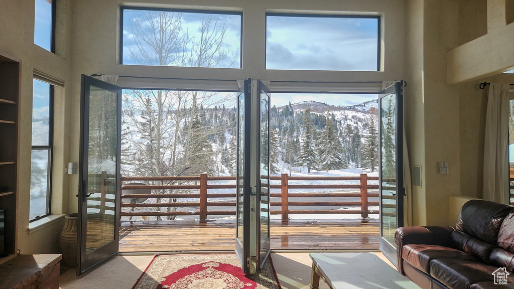 Doorway to outside with a high ceiling, light hardwood / wood-style floors, and a mountain view