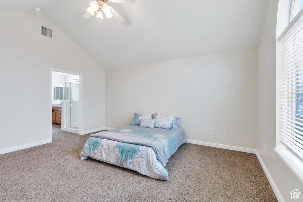 Bedroom with multiple windows, vaulted ceiling, and light colored carpet