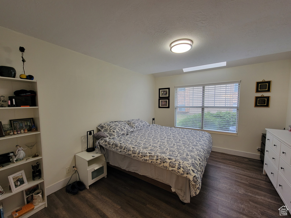 Bedroom featuring a skylight and dark wood-type flooring