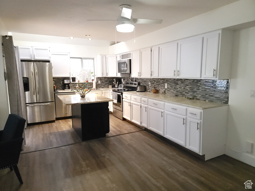 Kitchen with dark hardwood / wood-style floors, stainless steel appliances, white cabinets, and ceiling fan