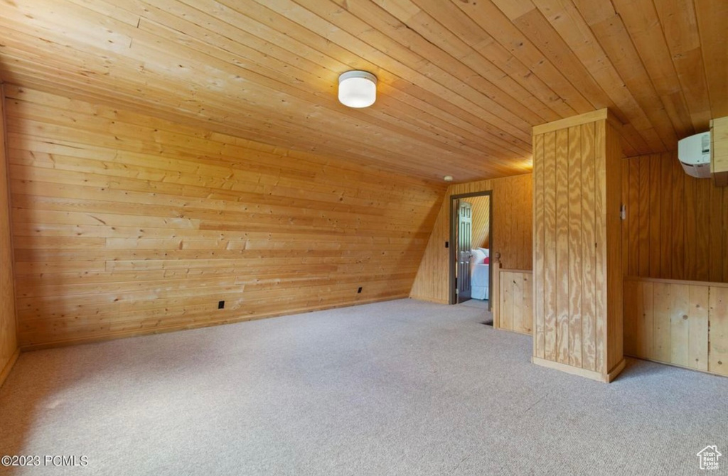 Additional living space featuring wooden walls, wood ceiling, and light colored carpet