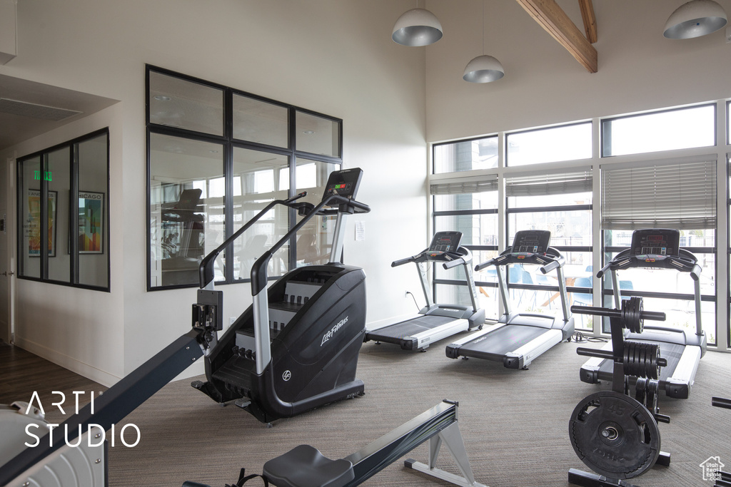 Workout area with a high ceiling and dark colored carpet