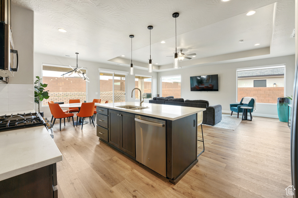 Kitchen featuring light hardwood / wood-style floors, a raised ceiling, stainless steel appliances, and sink