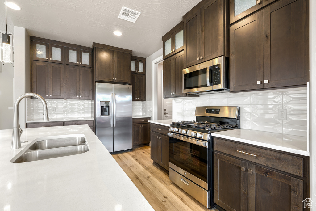 Kitchen featuring decorative light fixtures, backsplash, appliances with stainless steel finishes, light hardwood / wood-style flooring, and dark brown cabinets