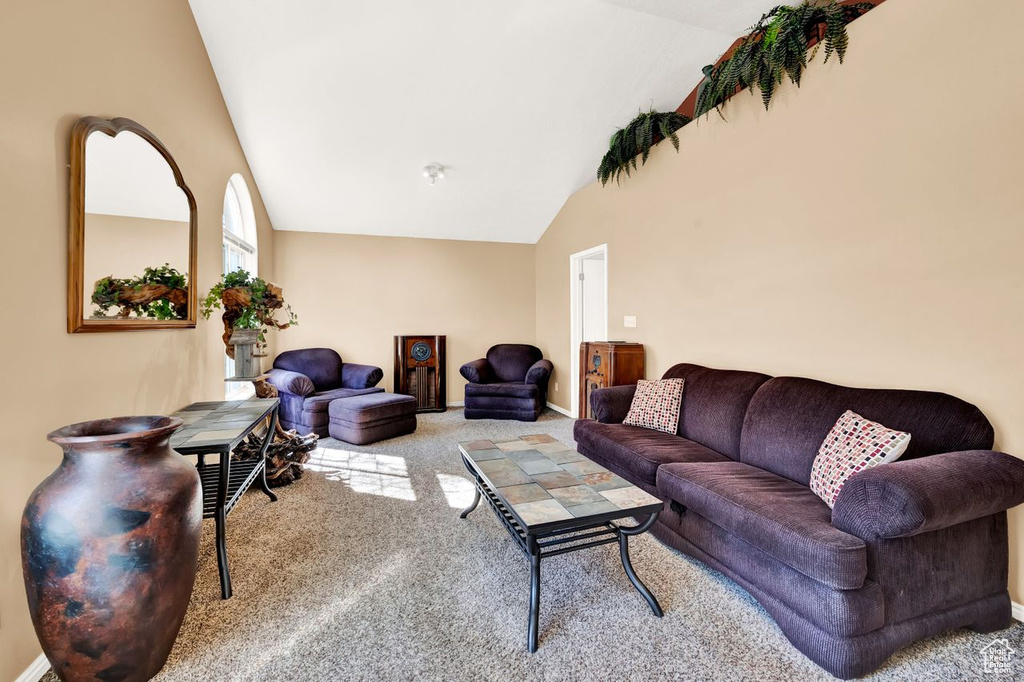Living room featuring light carpet and high vaulted ceiling
