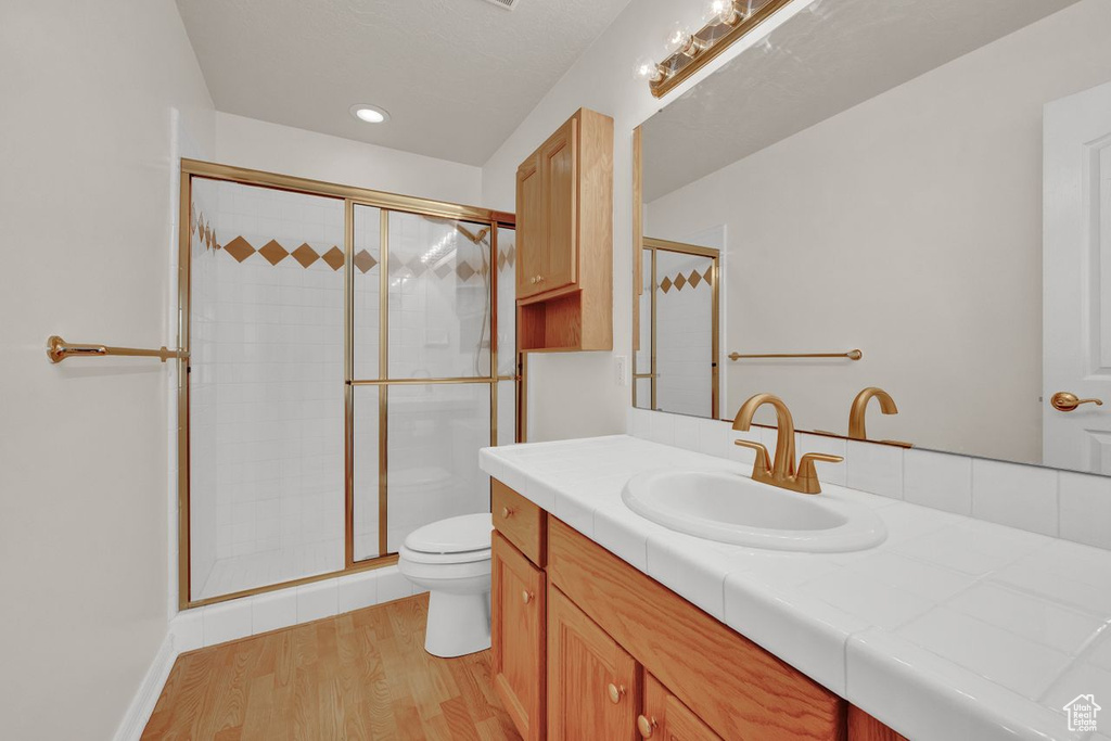 Bathroom with an enclosed shower, hardwood / wood-style floors, vanity with extensive cabinet space, and toilet
