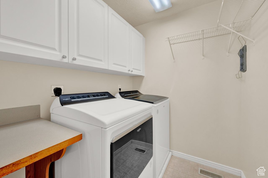 Laundry area with washing machine and dryer, cabinets, and hookup for an electric dryer