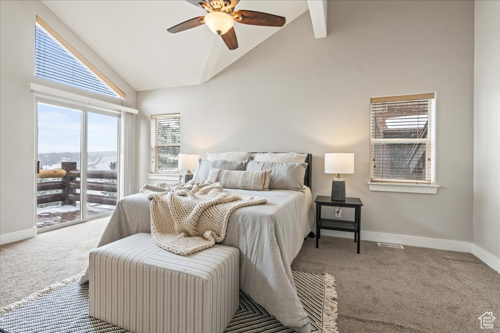 Bedroom with access to outside, high vaulted ceiling, ceiling fan, and light colored carpet