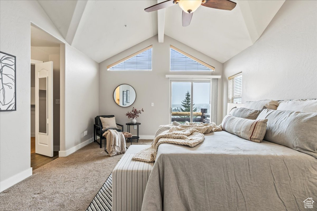 Bedroom featuring high vaulted ceiling, beam ceiling, wood-type flooring, and ceiling fan