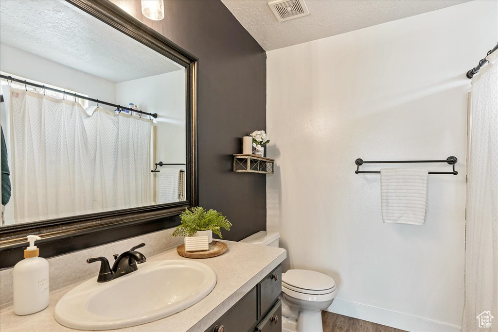 Bathroom featuring toilet, a textured ceiling, wood-type flooring, and large vanity