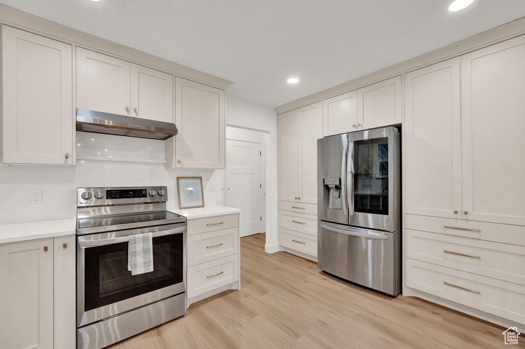 Kitchen with light hardwood / wood-style floors, stainless steel appliances, and white cabinetry