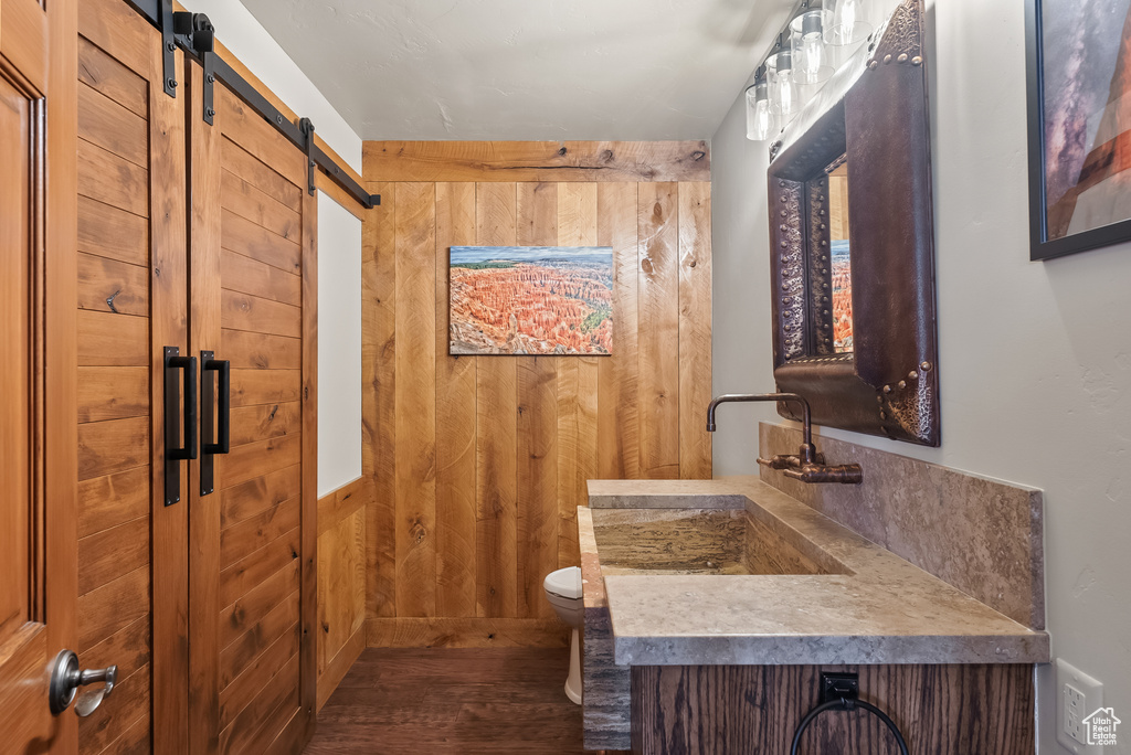 Bathroom with wood walls, large vanity, toilet, and wood-type flooring