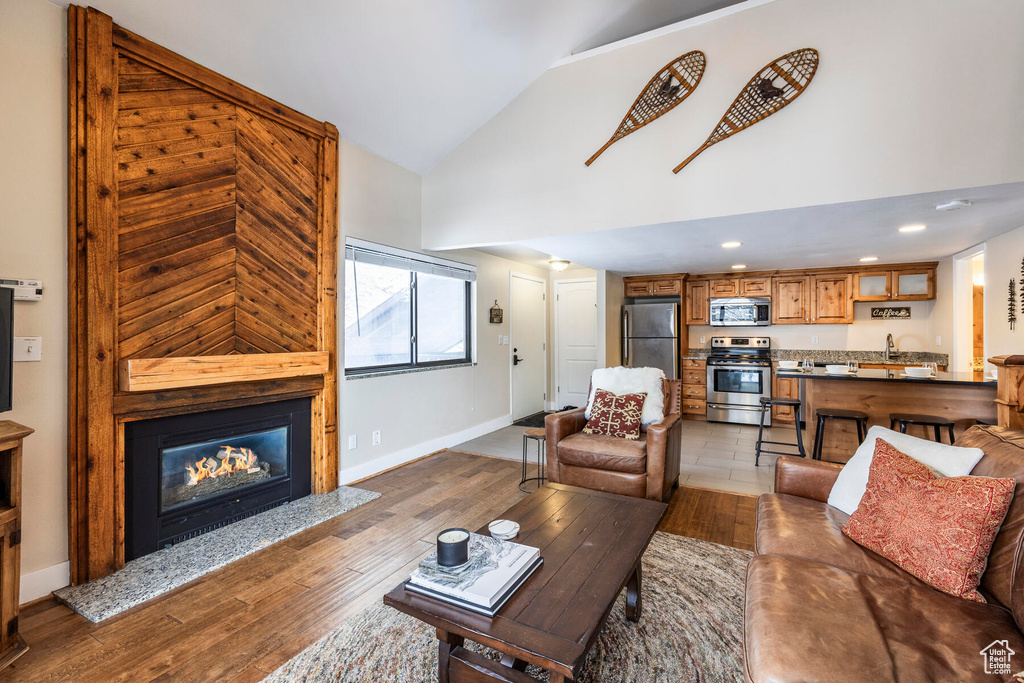 Living room with lofted ceiling and dark hardwood / wood-style floors