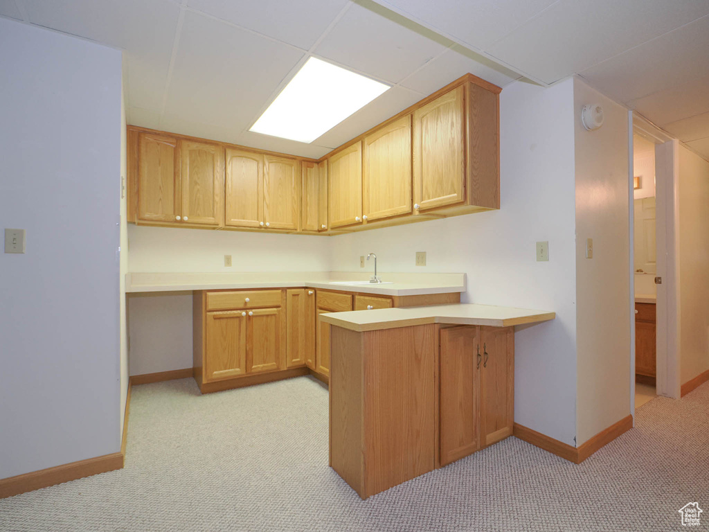 Kitchen featuring light carpet, light brown cabinetry, and sink