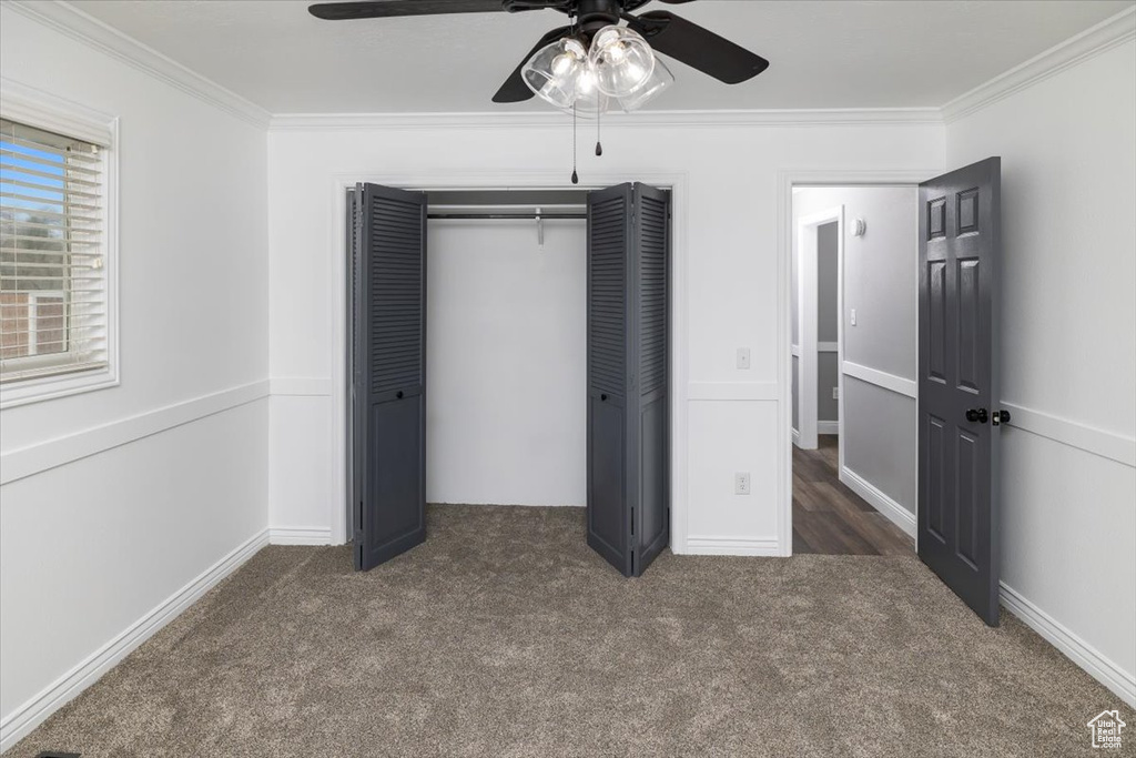 Unfurnished bedroom with crown molding, ceiling fan, and dark colored carpet