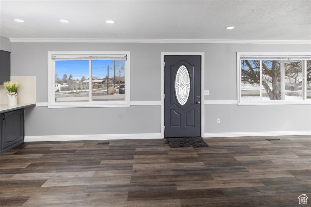 Foyer entrance featuring crown molding and dark hardwood / wood-style flooring