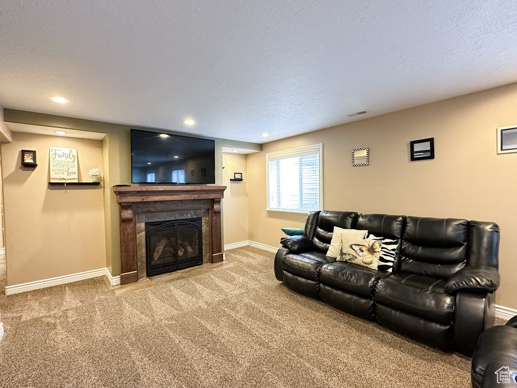 Living room featuring a textured ceiling and light colored carpet