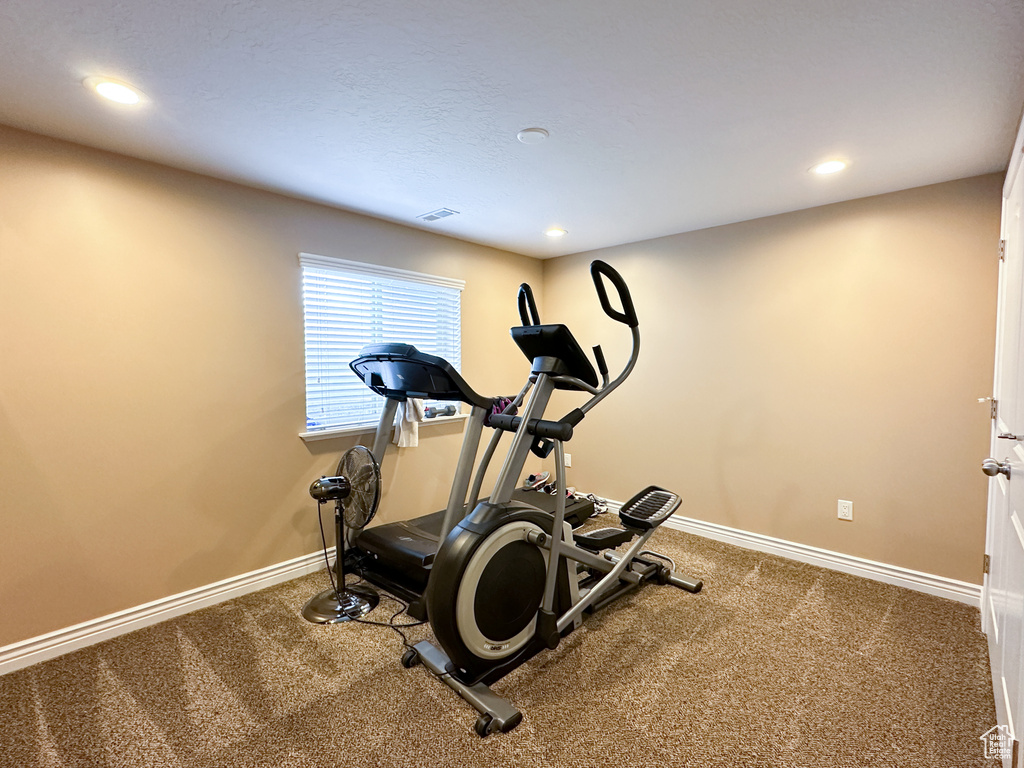 Workout area with dark colored carpet