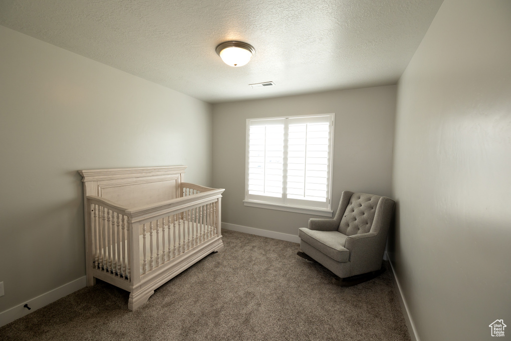 Carpeted bedroom with a crib and a textured ceiling